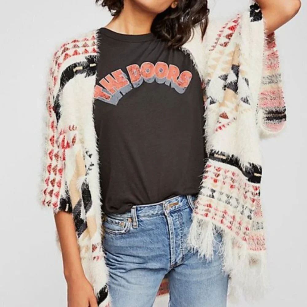 Free People fuzzy Canyonland Kimono with fringe Ivory Combo, One Size